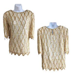 Vtg 80s ANUJAN CREATIONS 100% Silk Ivory Gold Beaded Art Deco Zig Zag Top Size M
